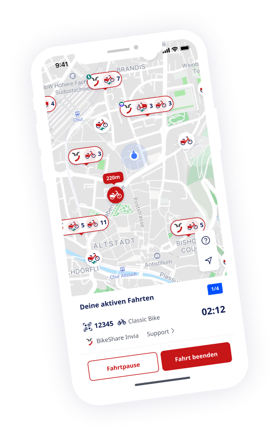 nextbike App Screenshot, der die Stationskarte von Chur, Schweiz zeigt.